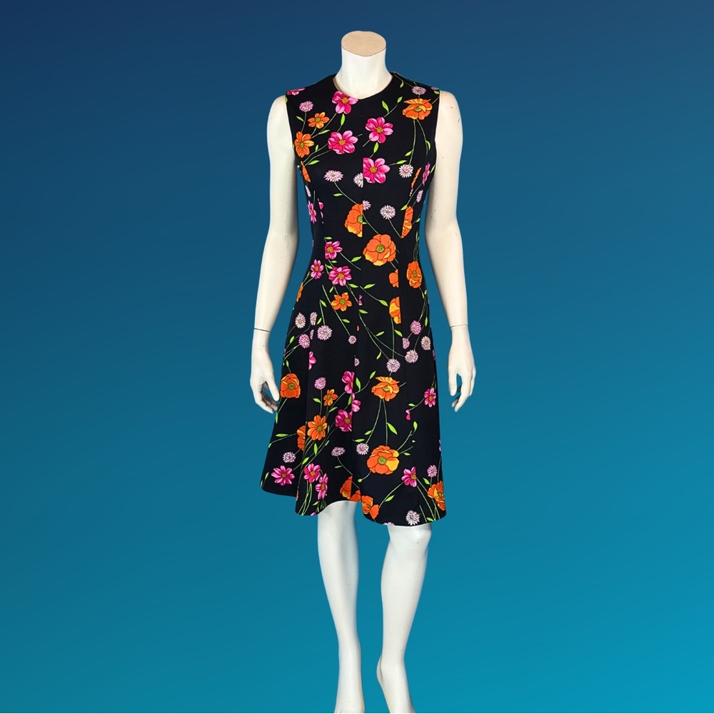 60s 70s Floral Dress and Jacket Set / Mod Black Orange & Pink Blossoms /  M